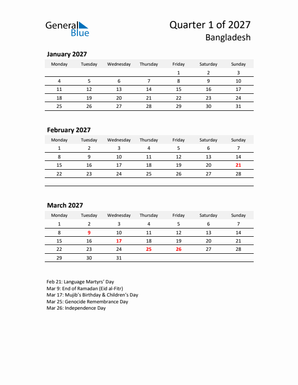 2027 Q1 Three-Month Calendar for Bangladesh