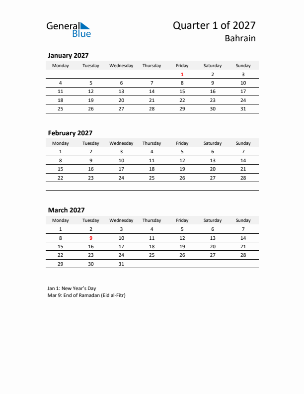 2027 Q1 Three-Month Calendar for Bahrain