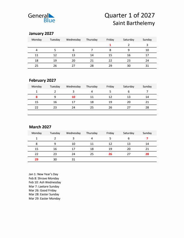 2027 Q1 Three-Month Calendar for Saint Barthelemy