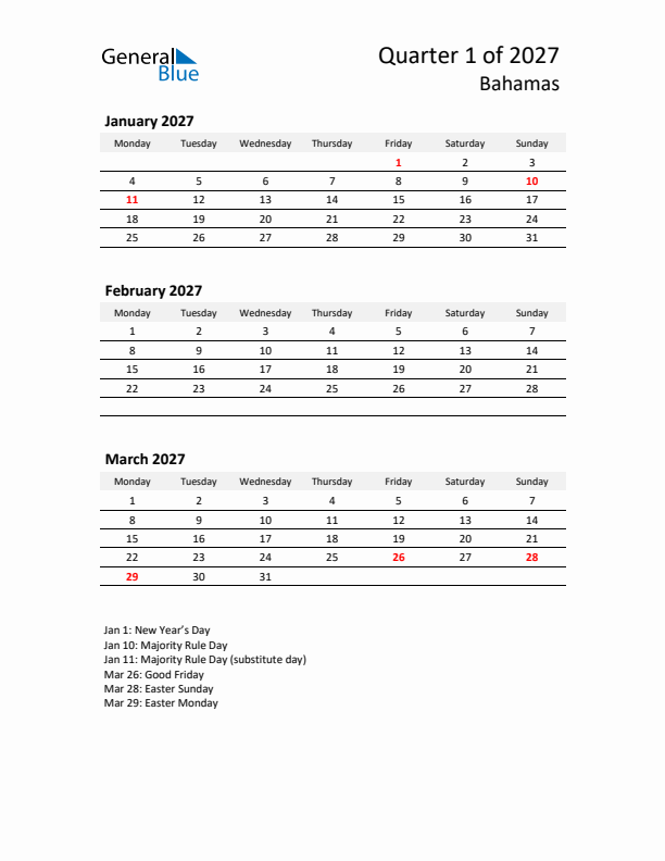 2027 Q1 Three-Month Calendar for Bahamas