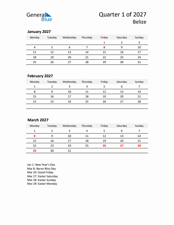 2027 Q1 Three-Month Calendar for Belize