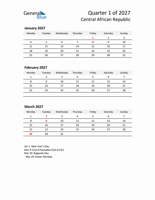 2027 Q1 Three-Month Calendar for Central African Republic