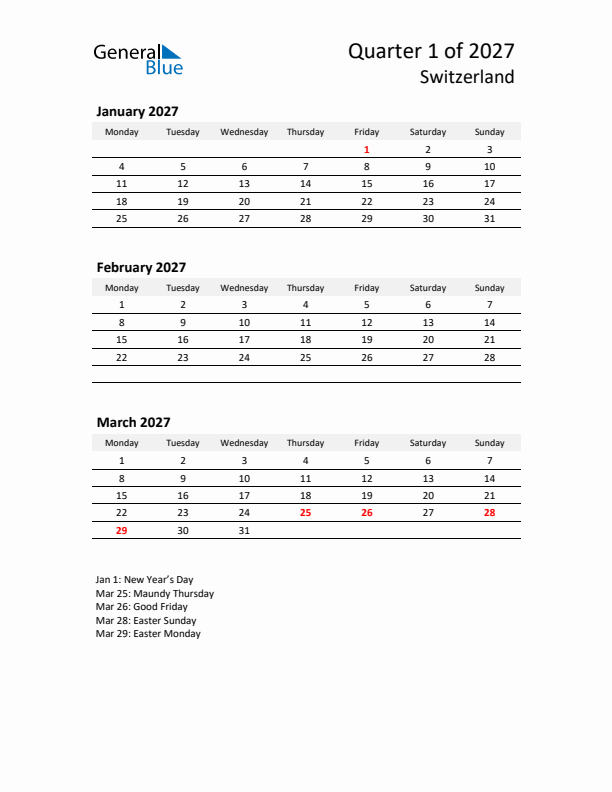 2027 Q1 Three-Month Calendar for Switzerland