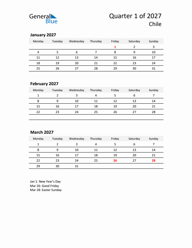 2027 Q1 Three-Month Calendar for Chile