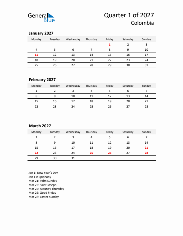 2027 Q1 Three-Month Calendar for Colombia