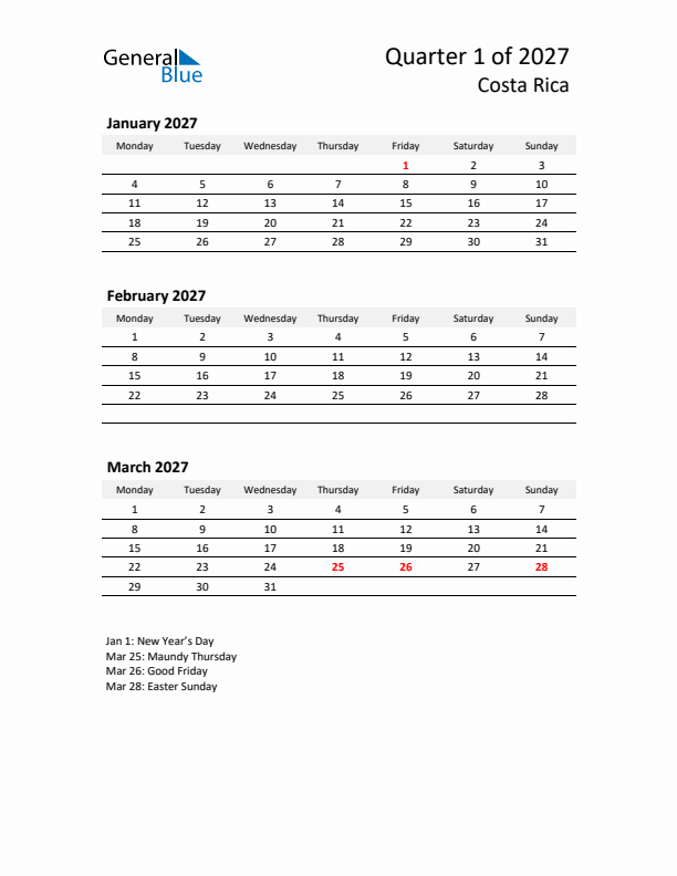 2027 Q1 Three-Month Calendar for Costa Rica