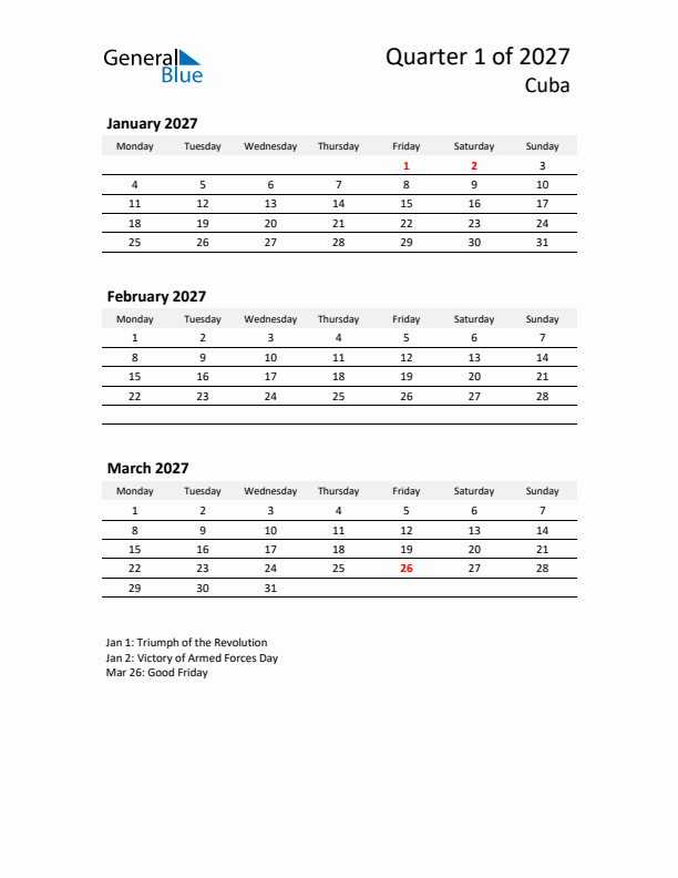 2027 Q1 Three-Month Calendar for Cuba