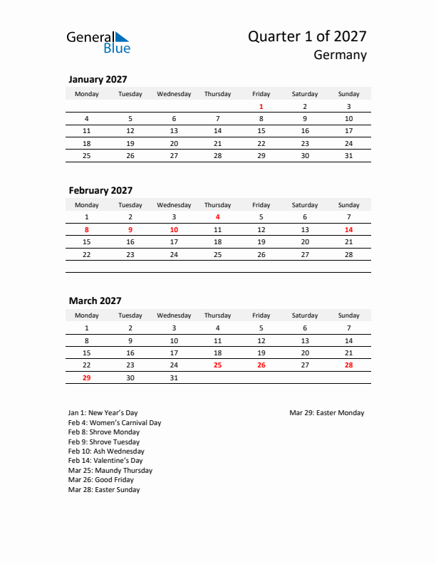 2027 Q1 Three-Month Calendar for Germany