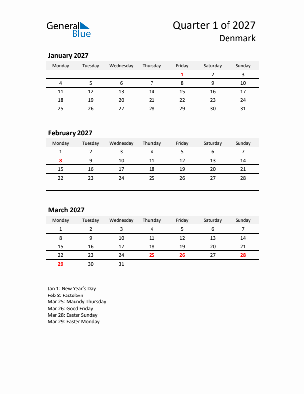 2027 Q1 Three-Month Calendar for Denmark