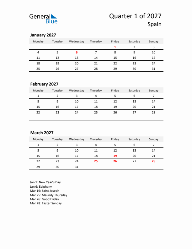 2027 Q1 Three-Month Calendar for Spain