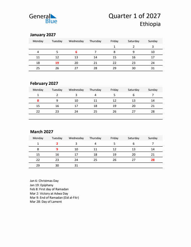 2027 Q1 Three-Month Calendar for Ethiopia