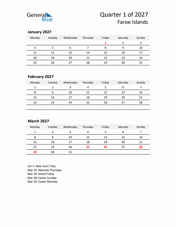 2027 Q1 Three-Month Calendar for Faroe Islands