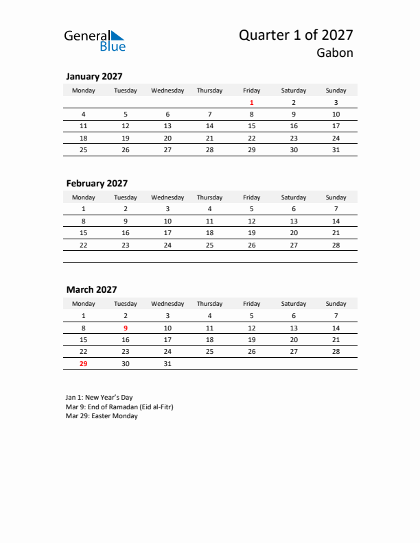 2027 Q1 Three-Month Calendar for Gabon