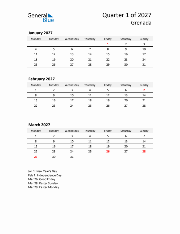 2027 Q1 Three-Month Calendar for Grenada