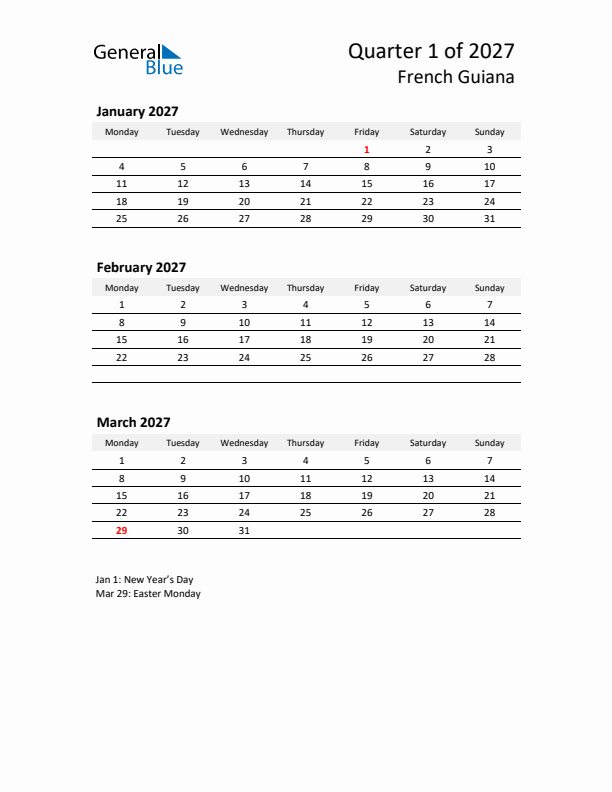 2027 Q1 Three-Month Calendar for French Guiana