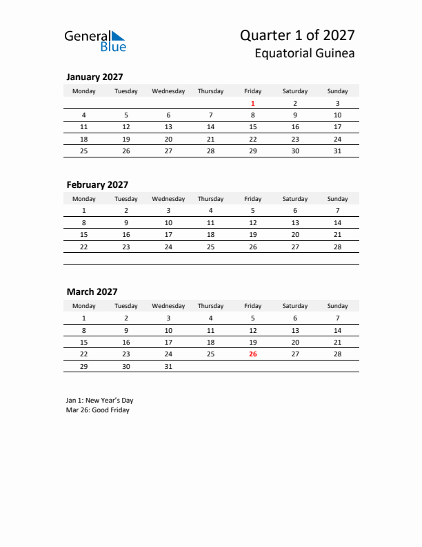 2027 Q1 Three-Month Calendar for Equatorial Guinea