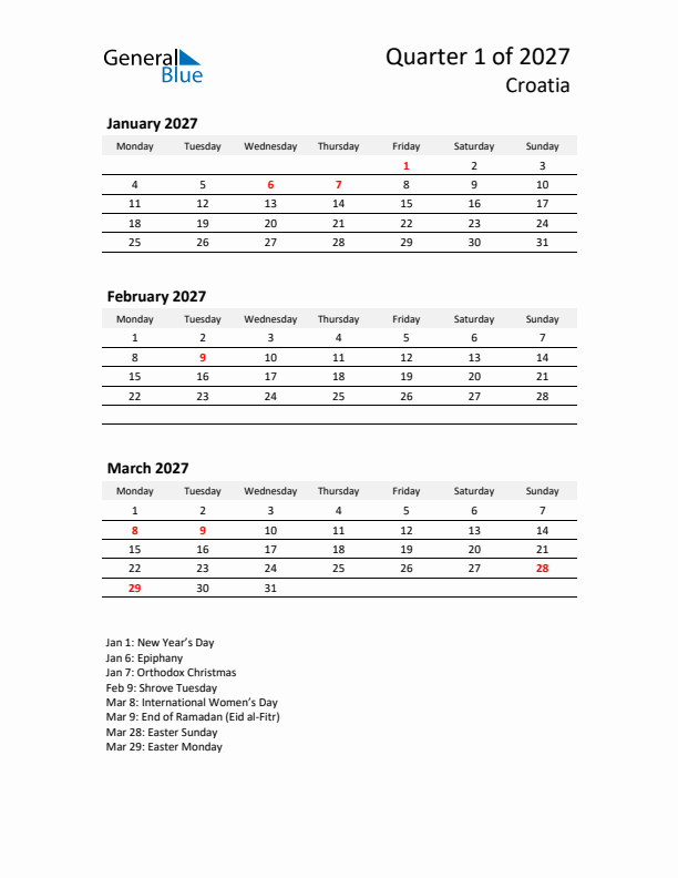 2027 Q1 Three-Month Calendar for Croatia