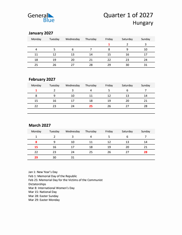 2027 Q1 Three-Month Calendar for Hungary