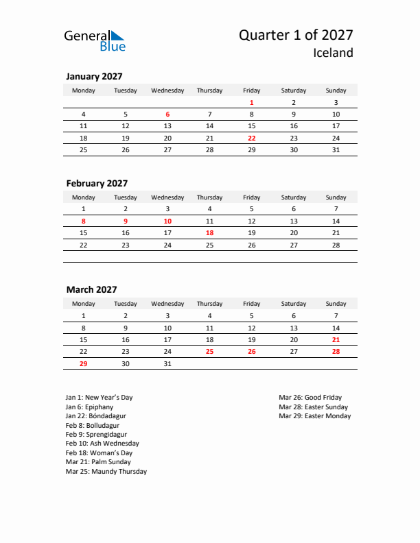 2027 Q1 Three-Month Calendar for Iceland