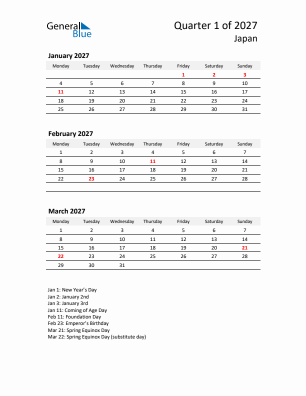 2027 Q1 Three-Month Calendar for Japan