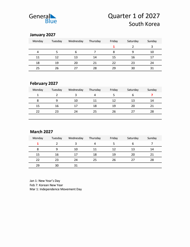 2027 Q1 Three-Month Calendar for South Korea