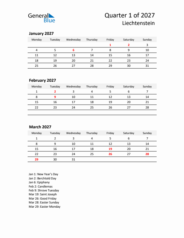 2027 Q1 Three-Month Calendar for Liechtenstein