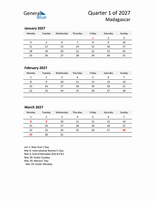 2027 Q1 Three-Month Calendar for Madagascar