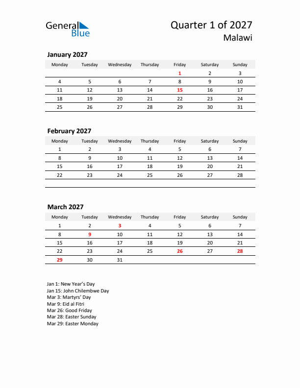 2027 Q1 Three-Month Calendar for Malawi