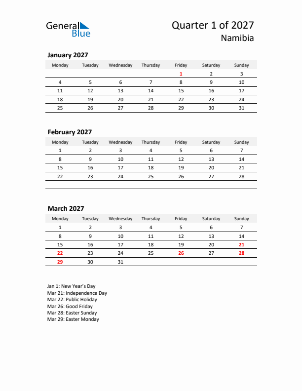 2027 Q1 Three-Month Calendar for Namibia