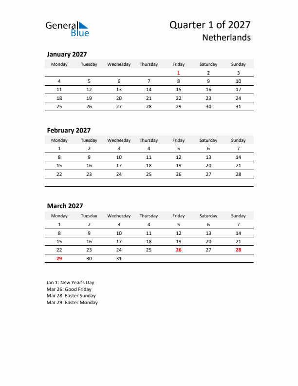 2027 Q1 Three-Month Calendar for The Netherlands