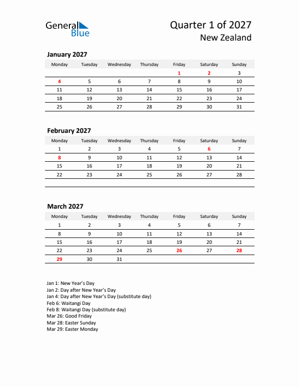 2027 Q1 Three-Month Calendar for New Zealand