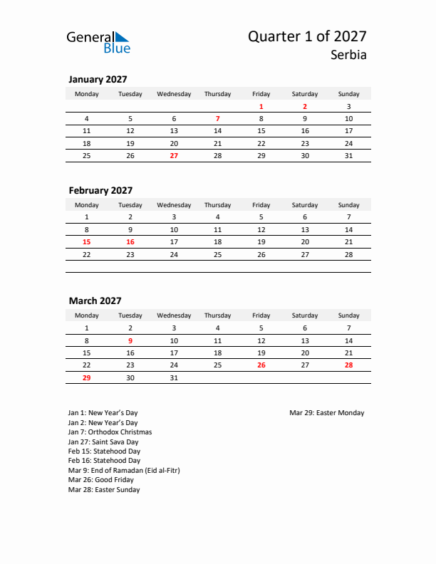 2027 Q1 Three-Month Calendar for Serbia