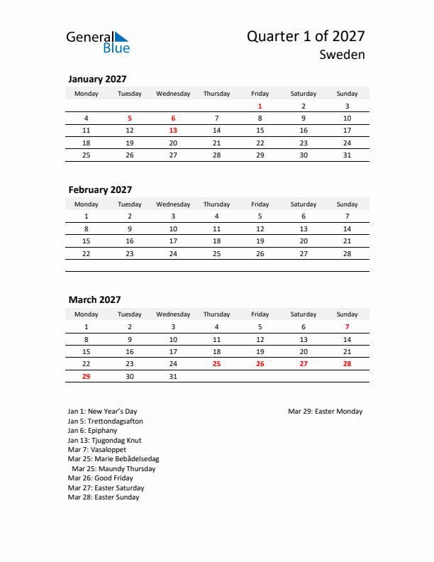 2027 Q1 Three-Month Calendar for Sweden