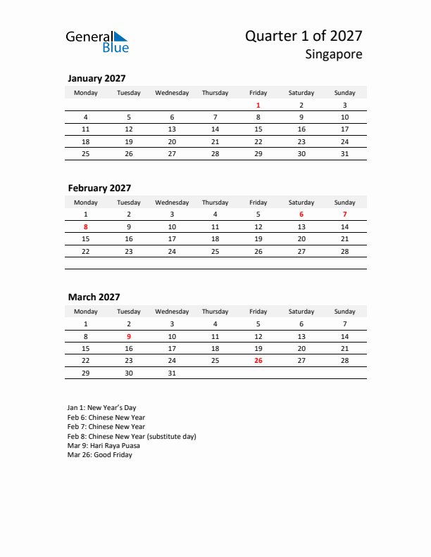 2027 Q1 Three-Month Calendar for Singapore