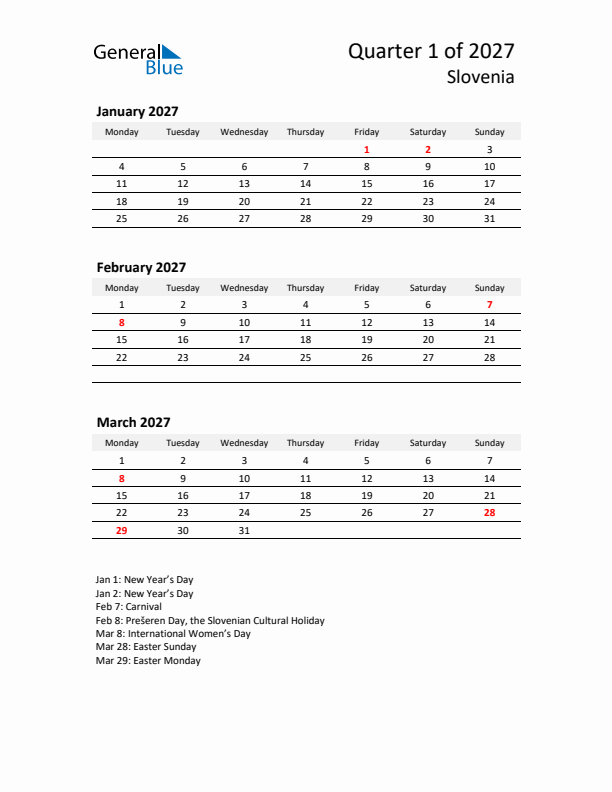 2027 Q1 Three-Month Calendar for Slovenia