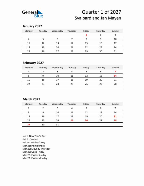 2027 Q1 Three-Month Calendar for Svalbard and Jan Mayen