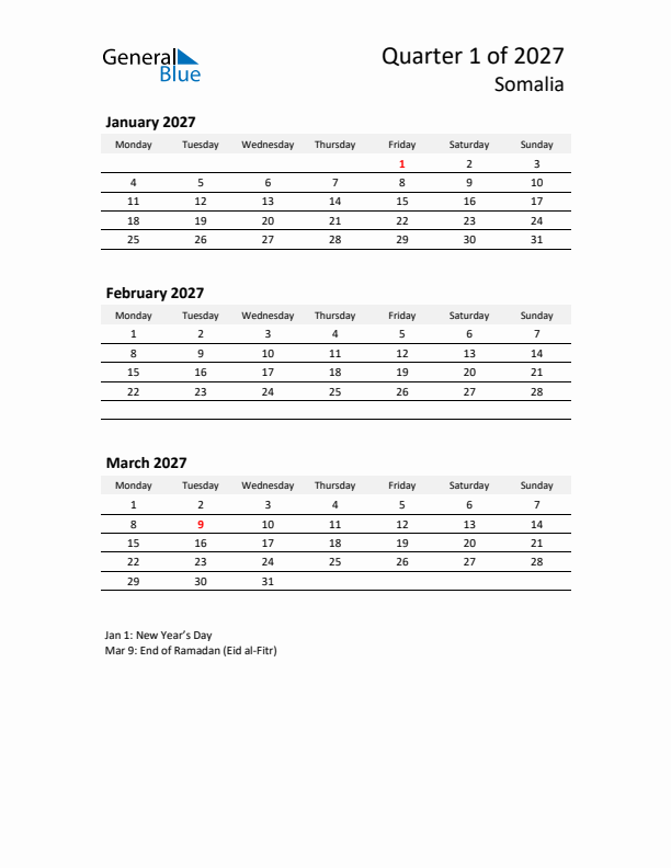 2027 Q1 Three-Month Calendar for Somalia