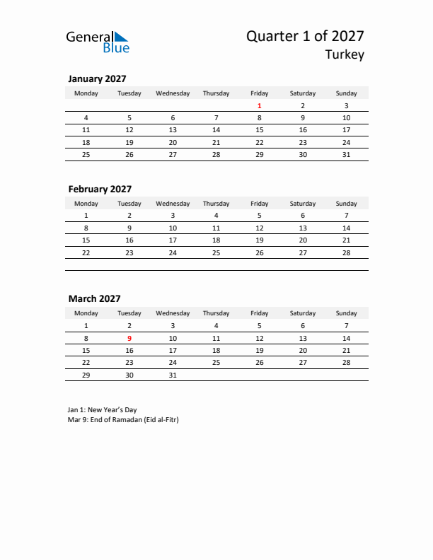 2027 Q1 Three-Month Calendar for Turkey