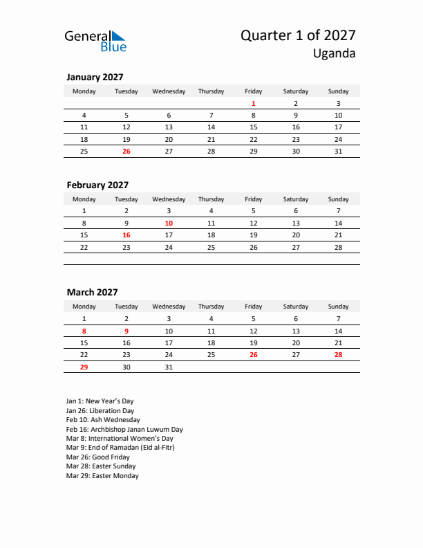 2027 Q1 Three-Month Calendar for Uganda