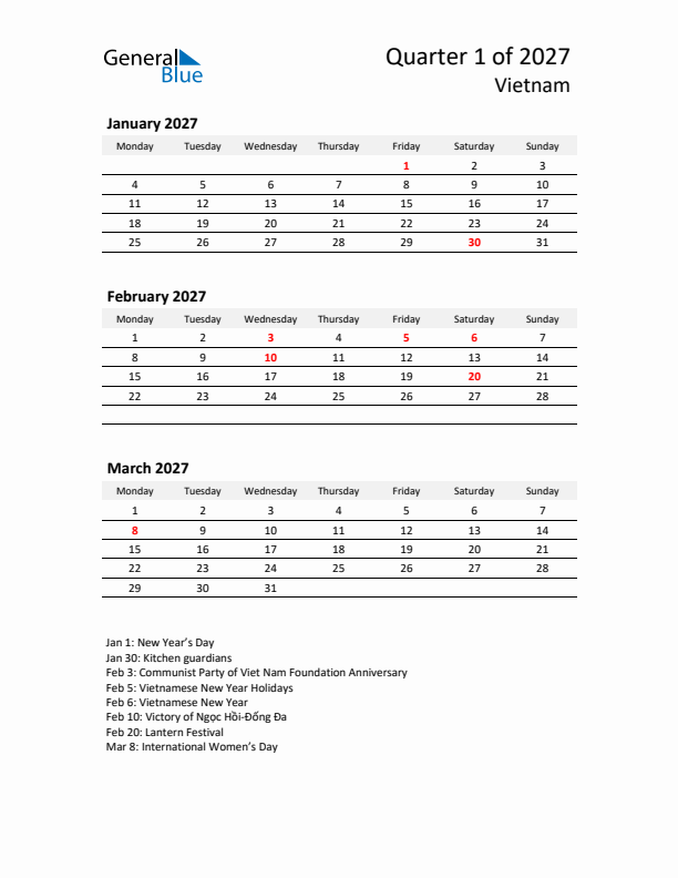 2027 Q1 Three-Month Calendar for Vietnam