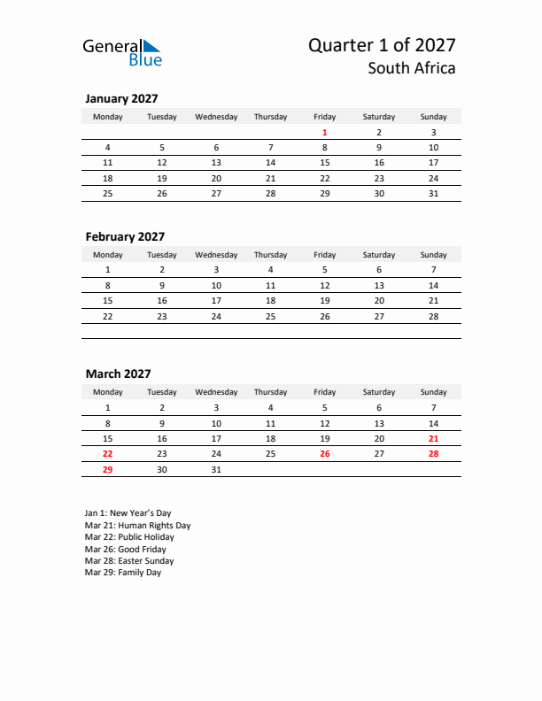 2027 Q1 Three-Month Calendar for South Africa