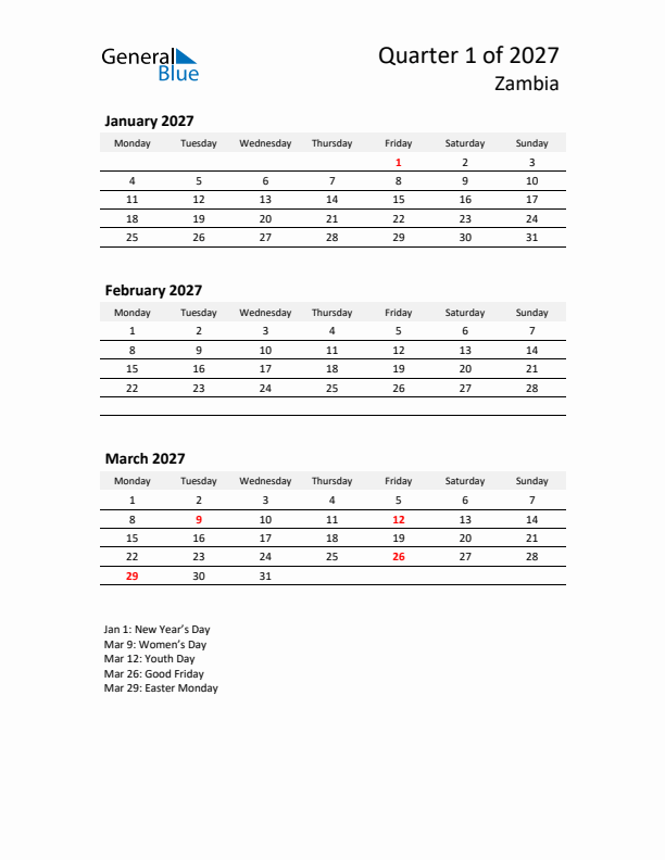 2027 Q1 Three-Month Calendar for Zambia