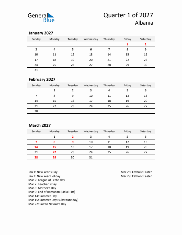 2027 Q1 Three-Month Calendar for Albania