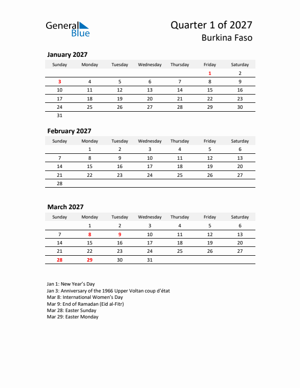 2027 Q1 Three-Month Calendar for Burkina Faso