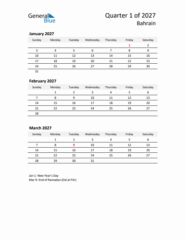 2027 Q1 Three-Month Calendar for Bahrain