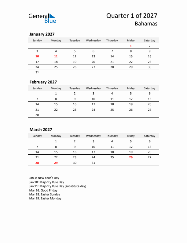 2027 Q1 Three-Month Calendar for Bahamas