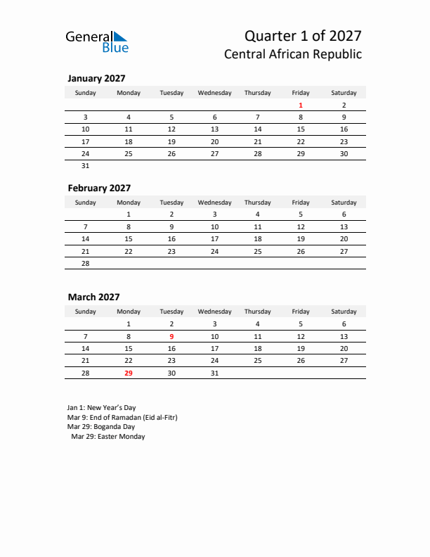 2027 Q1 Three-Month Calendar for Central African Republic