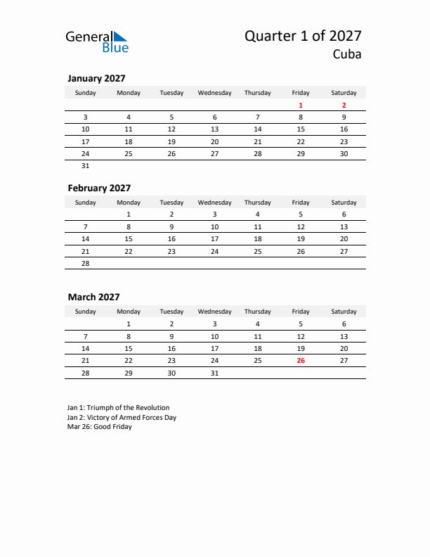 2027 Q1 Three-Month Calendar for Cuba