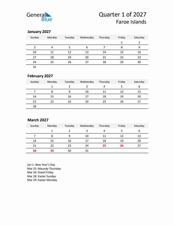 2027 Q1 Three-Month Calendar for Faroe Islands