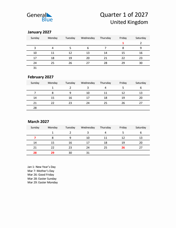 2027 Q1 Three-Month Calendar for United Kingdom